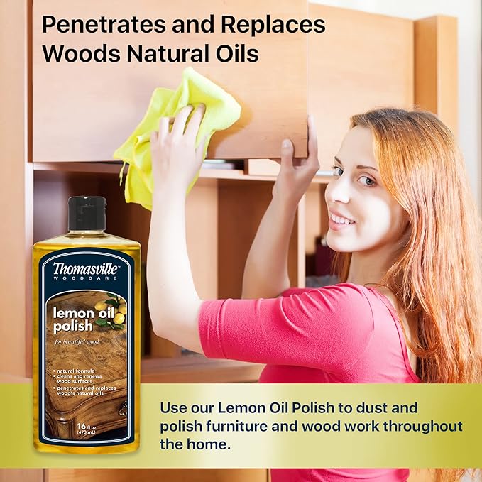Thomasville LEMON OIL POLISH - Wood Cleaner & Furniture Polish, Cleans, Renews, Restores & Rejuvenates Surfaces, Protects Wood from Drying or Cracking, Leaves a Shiny Finish, 16oz