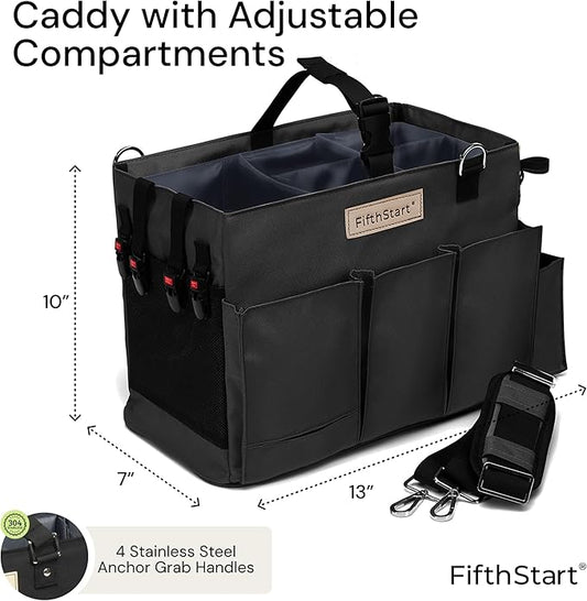 FifthStart Multiuse Cleaning Caddy with Waist & Shoulder Strap - Diaper Caddy & Beach Bag - 9 Pockets & Mesh Base - Adjustable Compartments (Black, Small) - Cleaning Supplies Organizer Bag