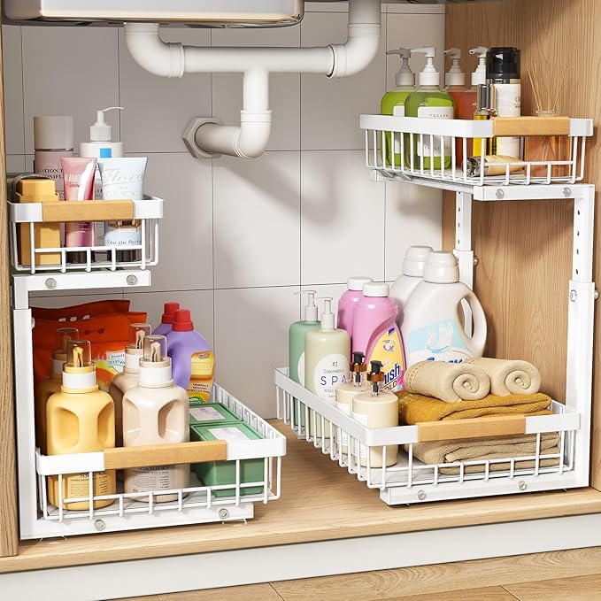 PXRACK 2 Pack Under Sink Organizer,Adjustable Height,2 Tier Pull Out Under Cabinet Organizer,Slide Out Thickened Metal Under Sink Storage for Kitchen Bathroom Laundry Cabinet Pantry,White(L)