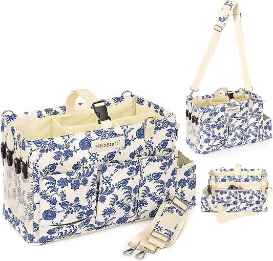 FifthStart Multiuse Large Blue Floral Diaper Caddy with Waist, Shoulder Strap, 9 Pockets, Mesh Base, and Adjustable Compartments