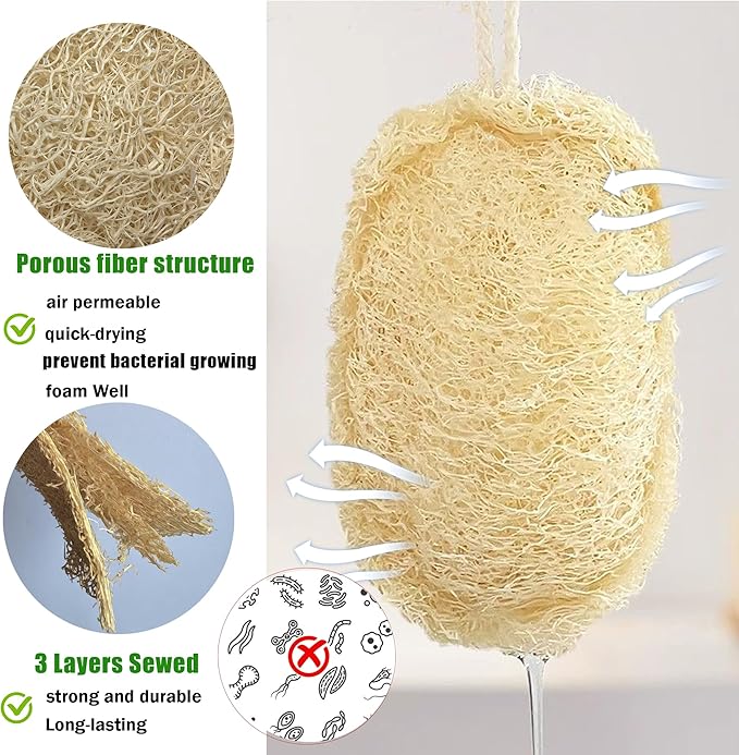 Natural Loofah Kitchen Sponge (3 Pcs) No Scratch Scrubber for Dishwashing, 100% Plant Fibers Vegetable Scrubber, Zero Waste and Eco Friendly Loofa, Square, Large Size