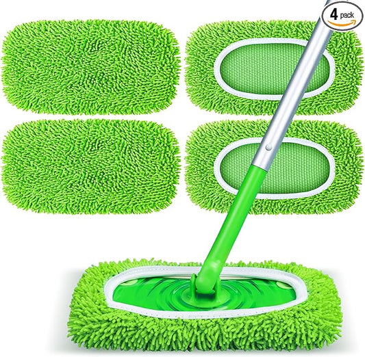 Reusable Mop Pads Fit Swiffer Sweeper, 4-Pack Microfiber Mop Replacement Pads, Washable Wet Mopping Cloths & Dry Sweeping Chenille Pads Refill for Floor Cleaning