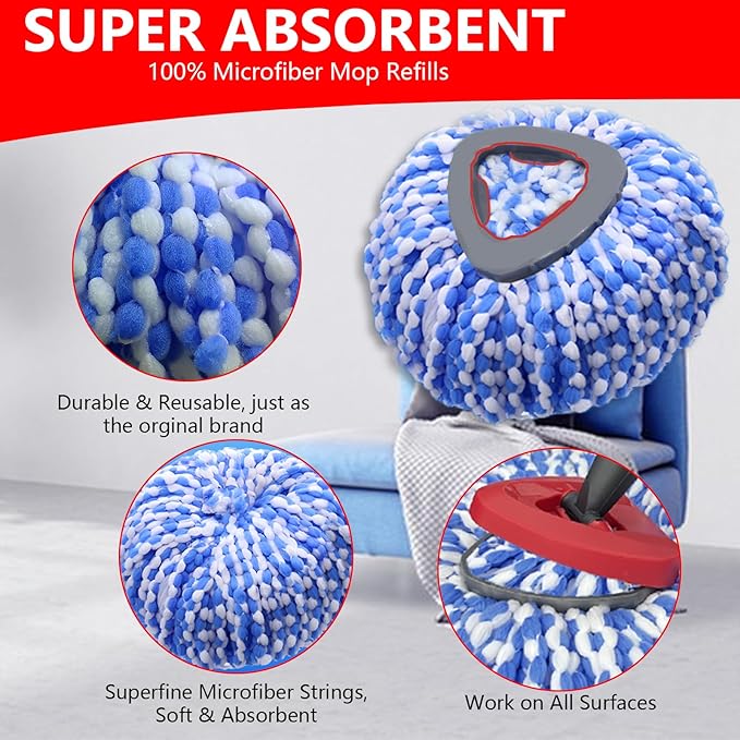 Spin Mop Replacement Heads Compatible with O Cedar RinseClean 2 Tank System, 6 Pack Mop Refills Microfiber Mop Replace Heads, Deep Cleaning for All Flooring, Machine Washable and Easy to Install