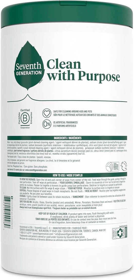Seventh Generation Multi Surface Wipes, Pack of 3, for all purpose cleaning, lemon zest scent with 100% essential oils and botanical ingredients, 70 ct each
