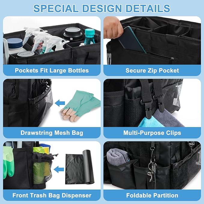 Large Cleaning Caddy Bags, Cleaning Supplies Organizer with Handle & Adjustable Shoulder Straps, 14.7-inch Black Tool Bag, Cleaning Bags for Housekeepers, Cleaners, Gifts