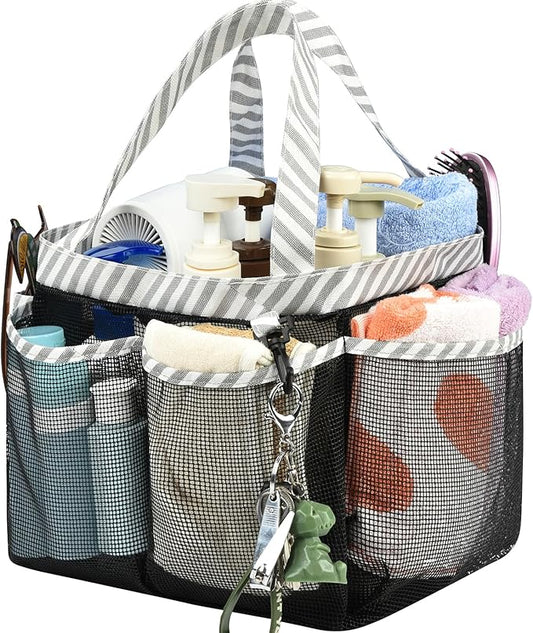 Haundry Mesh Shower Caddy Bag, Large College Dorm Bathroom Caddy Organizer with Key Hook and 2 Oxford Handles, 8 Basket Pockets, Portable Hanging Caddy Bag for Camping Gym