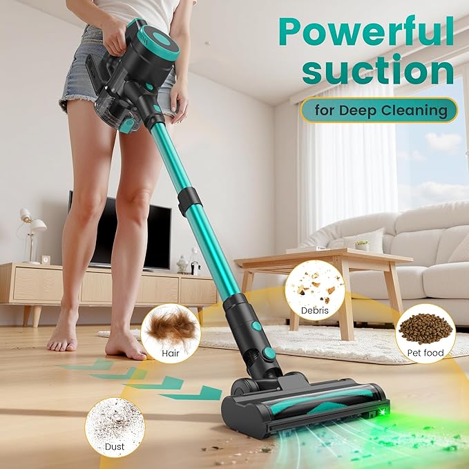 Zefiro Cordless Vacuum Cleaner,45Mins Runtime Stick Vacuum, Anti-Tangle and 1.5L Dust Cup, Lightweight Vacuum for Hardwood Floor Carpet Pet Hair (Blue&Black)