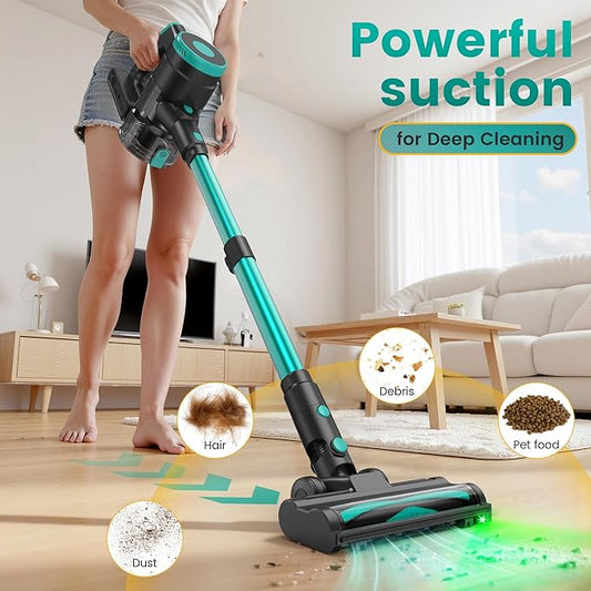 Zefiro Cordless Vacuum Cleaner,45Mins Runtime Stick Vacuum, Anti-Tangle and 1.5L Dust Cup, Lightweight Vacuum for Hardwood Floor Carpet Pet Hair (Green)