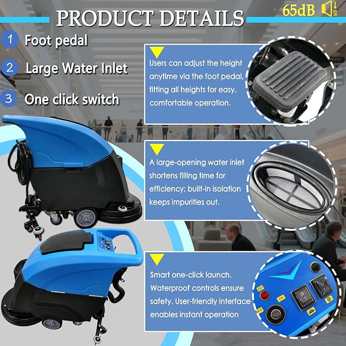 Commercial Floor Scrubber Washer Dryer 20'' Hand Push Auto Floor Cleaner 13Gal Clean & 10.5Gal Dirty Water Tank, 65dB Low Noise for Mall/Hotel/Airport/Factory/Office, Wire-Type 110V