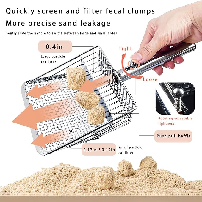 Cat Litter Scoop - Metal Cat Litter Scoop with Holder &Adjustable Sliding Baffle to Switch Size Hole&Speed Sifter - Pooper Scooper for Cats, Efficient Metal Cat Litter Scooper for Cat & Dog Litter Box