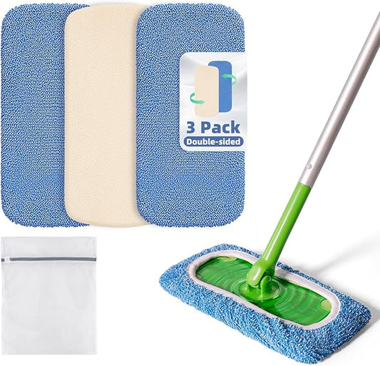 3 Pack Reusable Double-Sided Mopping Pads Compatible with Swiffer Sweeper Mop, Washable Wet & Dry Mopping Sweeping Cloth for Multi-Surface Cleaning, Dual-Sided Pad Refills (Not Include MOP)