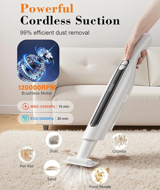 Handheld Vacuum Cordless,24KPA High Power Car Vacuum with Brushless Motor,LED Light,Charging Dock,Rechargeable Hand Held Vacuum Cleaner with Reusable Filter for Car,Home,Office,Pet Pair,White