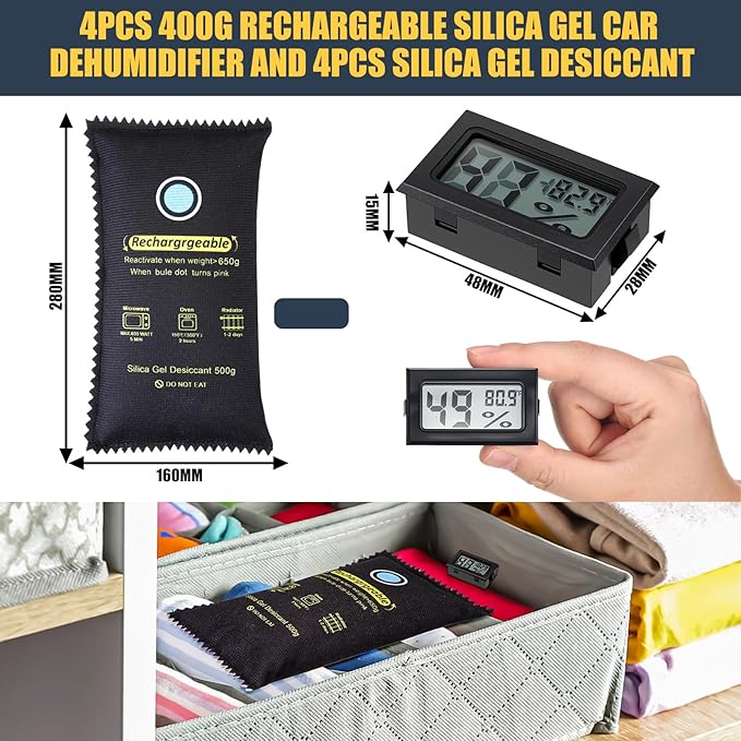 8 Pcs 500 Grams Rechargeable Silica Gel Desiccant Packets with Mini Digital LCD Hygrometer Thermometers Dehumidifier Bag for Gun Safe Closet Basement Car Storage Clothes Moisture Absorber