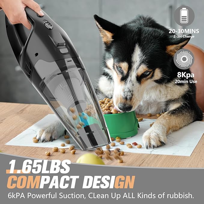 Hand Vacuum Powerful Suction, Hand held Vacuum Cordless Rechargeable with LED, USB Charge, 1.65LBs Car Vacuum with HEPA Filter, for Car/Home/Pet