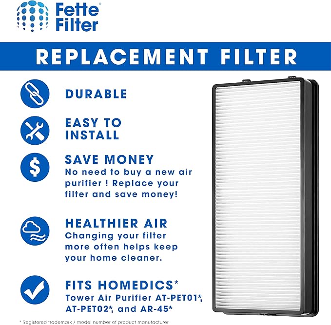 Fette Filter - at-OFL True Hepa Replacement Filter Compatible with HoMedics TotalClean True HEPA Tower Air Purifier Model AT-PET01 AT-PET02 and AR-45 Part Number at-OFL (Pack of 4)