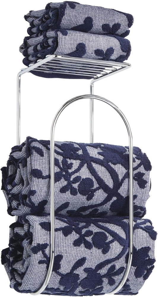 mDesign Modern Metal Wire Wall Mount Towel Rack Holder and Organizer with Storage Shelf - for Bathroom Towels, Washcloths, Hand Towels - Decorative Curved Design - Chrome