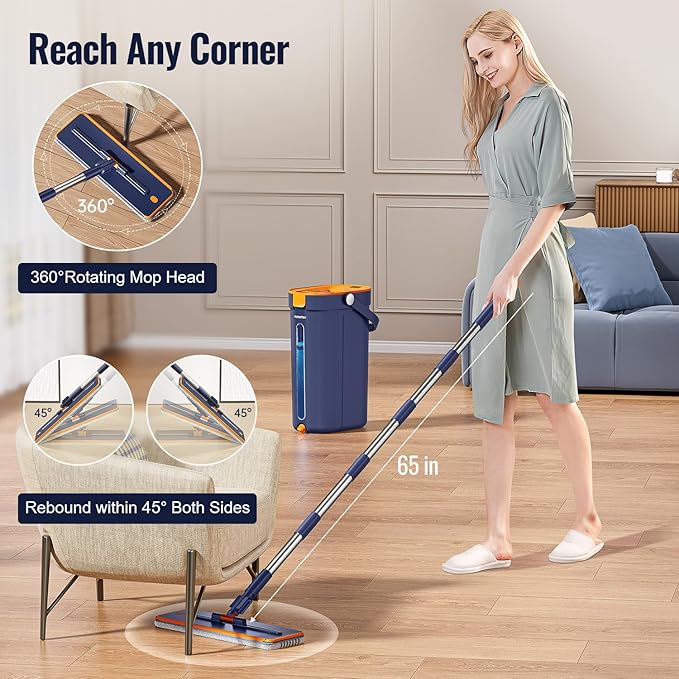 Mop and Bucket Set with Wringer, 3-Tank Flat Mop and Bucket System, Wall Mop Cleaner with Long Handle, Hands Free Mops for Floor Cleaning with 8 Microfiber Pads