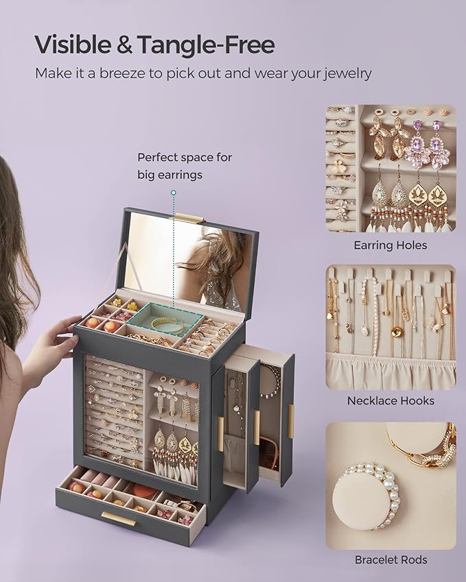 SONGMICS Jewelry Box with Glass Window, 5-Layer Jewelry Organizer with 3 Side Drawers, Jewelry Storage, with Big Mirror, Modern, 6.1 x 10.3 x 12.6 Inches, Slate Gray and Metallic Gold UJBC162G01
