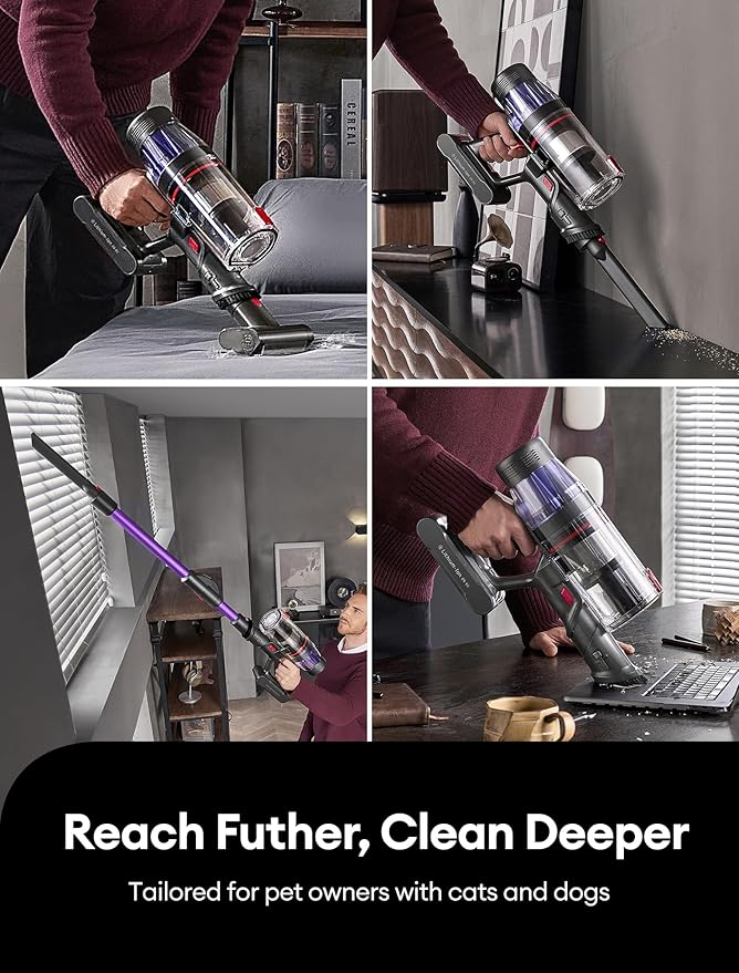 Ultenic Cordless Vacuum Cleaner, 550W/50Kpa, 60Mins Runtime, Stick Vacuum Cordless with 180°Bendable Wand, Anti-Tangle Brush, Vacuum Cleaners for Home/Pet Hair/Carpet/Floor (Purple)