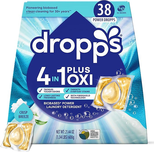 Dropps 4-in-1 Plus Oxi Crisp Breeze Power Biobased Laundry Detergent Pods (38 Pods) - Chlorine-Free Bleach Alternative Biobased Laundry Whitener, Stain & Odor Remover