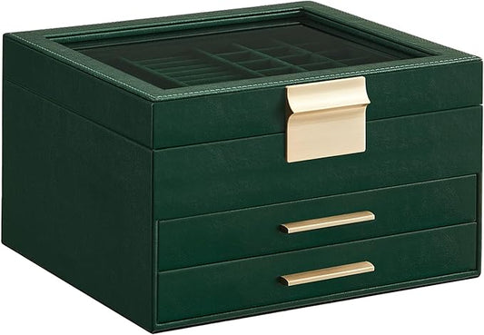 SONGMICS GISELLA Collection - Jewelry Box Organizer, 3-Layer Jewelry Storage with 2 Drawers, Shiny Metal Hardware, Glass Lid, Modern, 8 x 9.1 x 5.3 Inches, Forest Green and Gold Color UJBC239C01