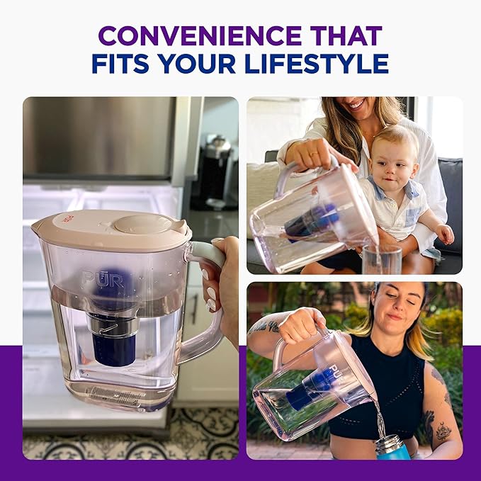 PUR 7-Cup Water Pitcher, 1 Genuine Filter, Cleaner, Great-Tasting Water, Dishwasher Safe, Powerful, Faster Filtration, LockFit Cap Design - Blush (Pack of 2)