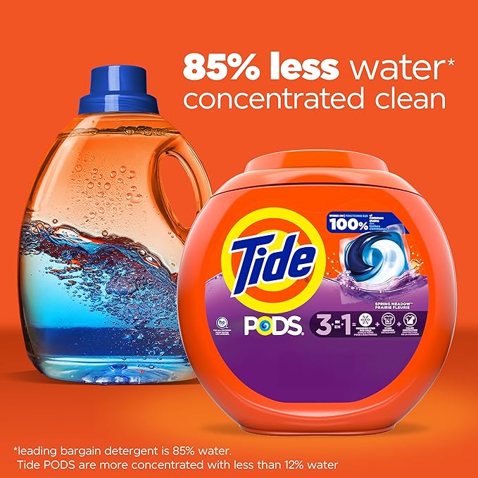 Tide PODS laundry detergent pacs, 3-in-1 Stain Remover, Odor Fighter, Color Protector, 102 Count, HE compatible, Spring Meadow Scent