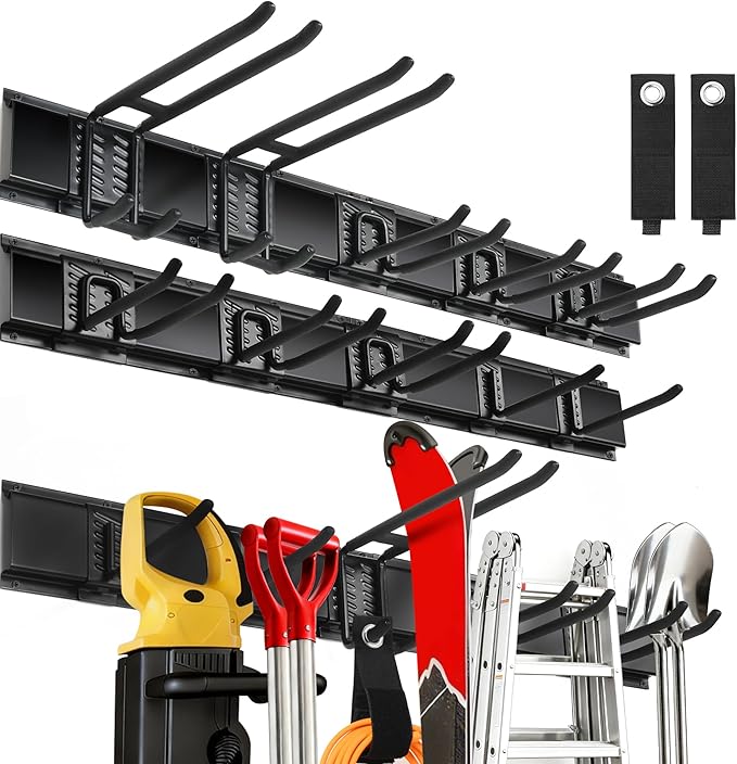 64 Inches Garage Tool Organizer Wall Mount, Tool Storage Rack Wall Mount, Heavy Duty Garden Wall Organizer System for Yard, garage and Shed, Tool Holder for Hanging Rake Snowboard Broom Mop