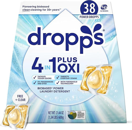 Dropps 4-in-1 Plus Oxi Free & Clear Power Biobased Laundry Detergent Pods, Unscented (38 Pods) - Chlorine-Free Bleach Alternative Biobased Laundry Whitener, Stain & Odor Remover