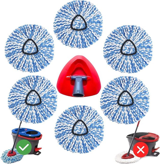 6 Pack Mop Head Replacement for O Cedar Only 2-Tank RinseClean Spin Mop, Mop Replace Refills for Ocedar Made of Fluffy Microfiber, Machine Washable, with 1 Mop Base