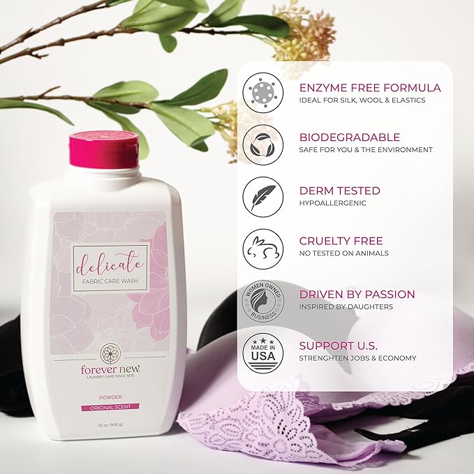 FOREVER NEW Delicate Hypoallergenic Laundry Detergent Liquid - 50 to 64 Large Loads - Gentle washing detergent for Silk, Cashmere, Bra, Undergarments, Cotton, Wool etc. - Unscented - 32oz