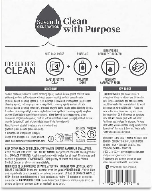 Seventh Generation Power Plus Dishwasher Detergent Packs Fresh Citrus scent Pack of 6 for sparkling dishes Dishwasher tabs, 15 count