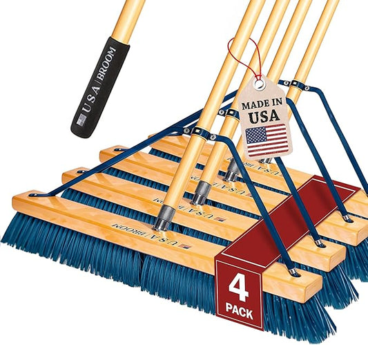 4 Pack Bundle - 36" Heavy Duty Outdoor Push Broom with 60" Handle. Ideal for Asphalt, Concrete & Heavy Debris. Durable American Made Steel Brackets-Stainless Steel Hardware. No Plastic. 100% USA Made.