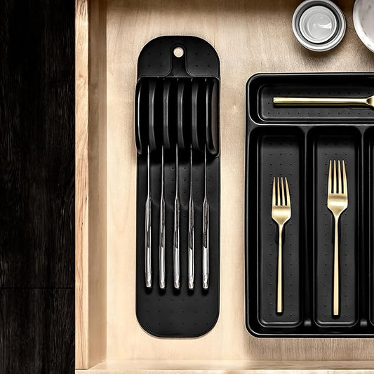 madesmart Knife Mat, Compact Soft-Grip Slot Organizer for 5 Knives, Non-Slip Drawer Insert Protects Blades and Maximizes Space, Carbon