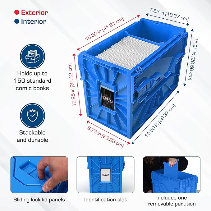 BCW Short Comic Book Bin | Holds 150 Comics | Stackable Plastic Storage | Acid-Free Organizer | Blue, 2 Pack