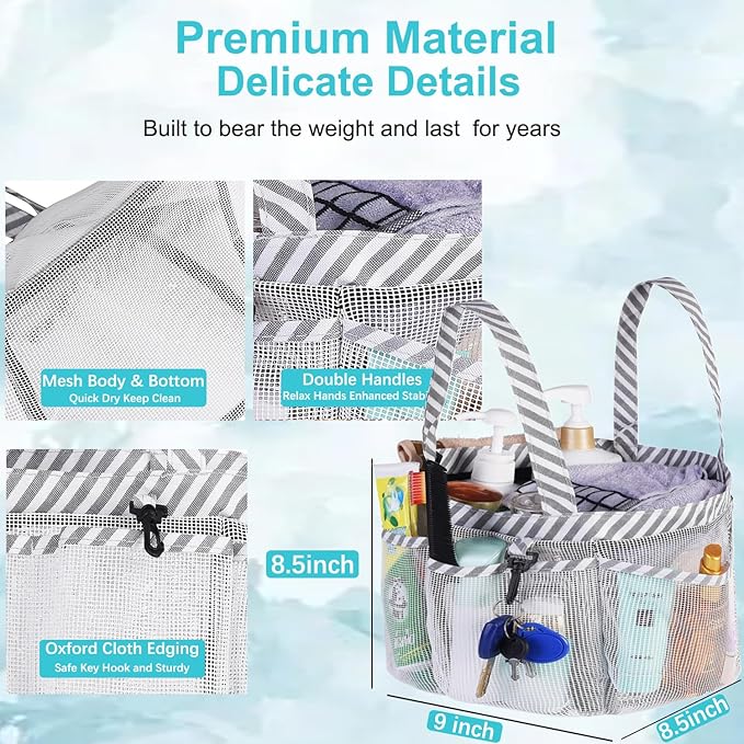 Haundry Mesh Shower Caddy Bag for College Dorm Room Essentials Portable Shower Caddy Tote with 8 Pockets for Beach, Swimming, Gym, Travel