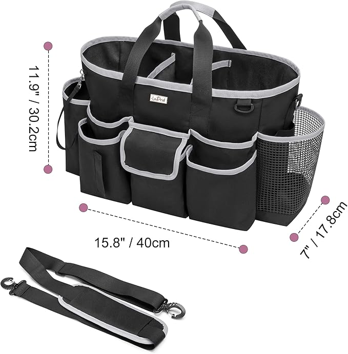 LoDrid Cleaning Caddy Bag with Handle and Shoulder Strap, Cleaning Supplies Organizer for Cleaning Work with 3 Compartments and Multifunctional Pockets, Black with Gray Edge