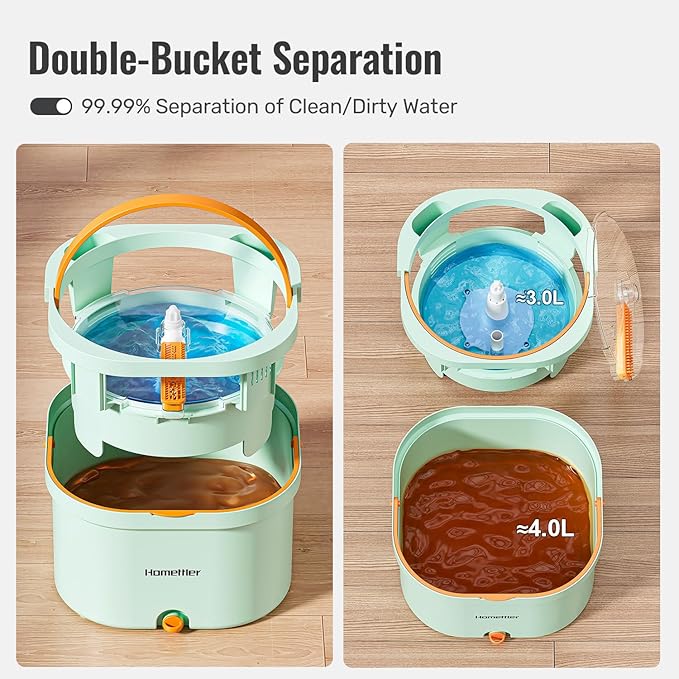 Mop and Bucket Set | Spin Mop with Dual-Tank Clean/Dirty Water Separation | 4 Microfiber Pads for Deep-Cleaning Floors | Versatile Mops Triangular Head for Walls