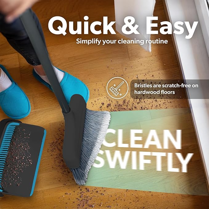 BLACK+DECKER Butler Broom & Dustpan Set - Short Handle, Stand-Up Design - Lightweight, Space-Saving Combo for Kitchen, Living Room, Bathroom, Lobby Floors - Home Cleaning Essential, Black/Blue