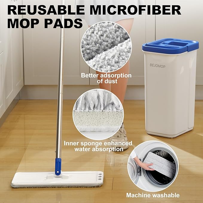 Mop and Bucket Set with Wringer, Squeeze Wall Mop Cleaner with Long Handle, Flat Mop and Bucket System, Dry & Wet Dust Mops for Household Floor Cleaning with 3 Microfiber Mops, Slate Blue