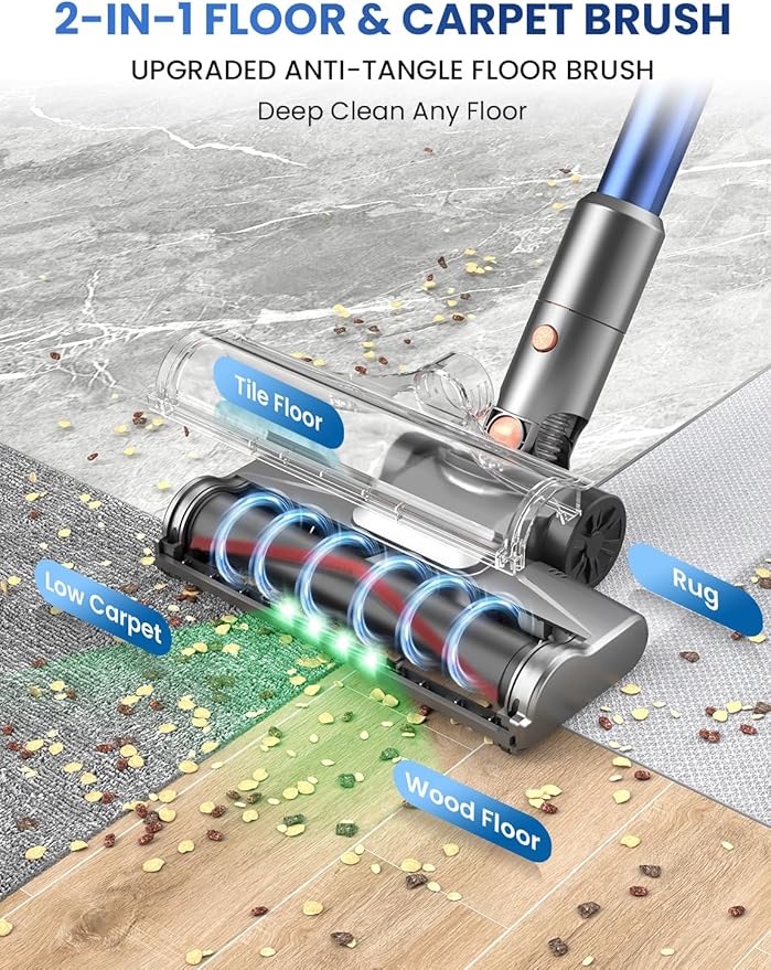 Dzaki Cordless Vacuum Cleaner, Stick Vacuum with Smart LED Display, 50KPA 55Mins Vacuum Cleaners for Home, Powerful Suction, Anti-Tangled Lightweight Rechargeable Vac for Pet Hair, Carpet