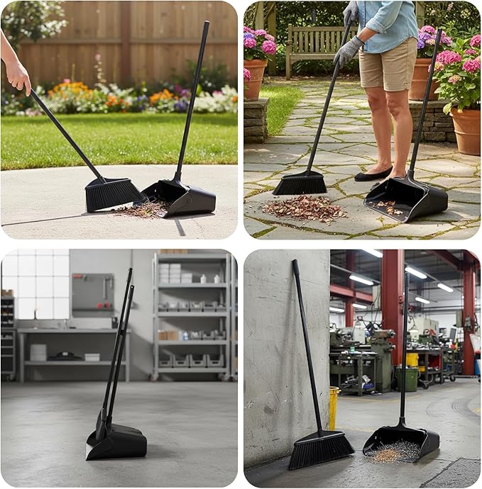 Broom and Dustpan Set with Long Handle and Wheels, Upright Standing Heavy Duty Large Dust Pan and Broom Combo for Indoor Outdoor, Kitchen, Garage, Restaurant Cleaning – Black