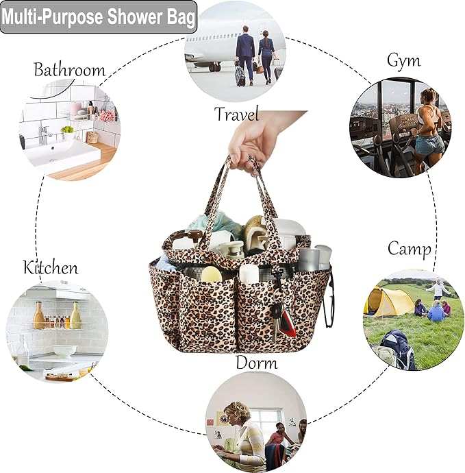 Haundry Mesh Shower Caddy Bag, Portable Basket Organizer with Key Hook for College Dorm Bathroom Camp Gym, Hanging Tote Bag with 8 Pockets, Lepoard