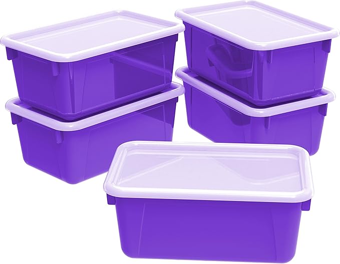 Storex Small Cubby Bins – Plastic Storage Containers for Classroom with Non-Snap Lid, 12.2 x 7.8 x 5.1 inches, Purple, (62411U05C) (Pack of 5)