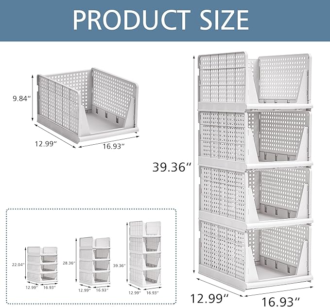 VECELO 4 Pack Plastic Closet Shelf Organizer, Stackable Sweater Storage Closet Drawers, Foldable Wardrobe Organizer, Easy Assembly, Durable and Space Saving for Closet, Bathroom, Kitchen, Gray