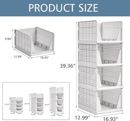 VECELO 4 Pack Plastic Closet Shelf Organizer, Stackable Sweater Storage Closet Drawers, Foldable Wardrobe Organizer, Easy Assembly, Durable and Space Saving for Closet, Bathroom, Kitchen, Gray