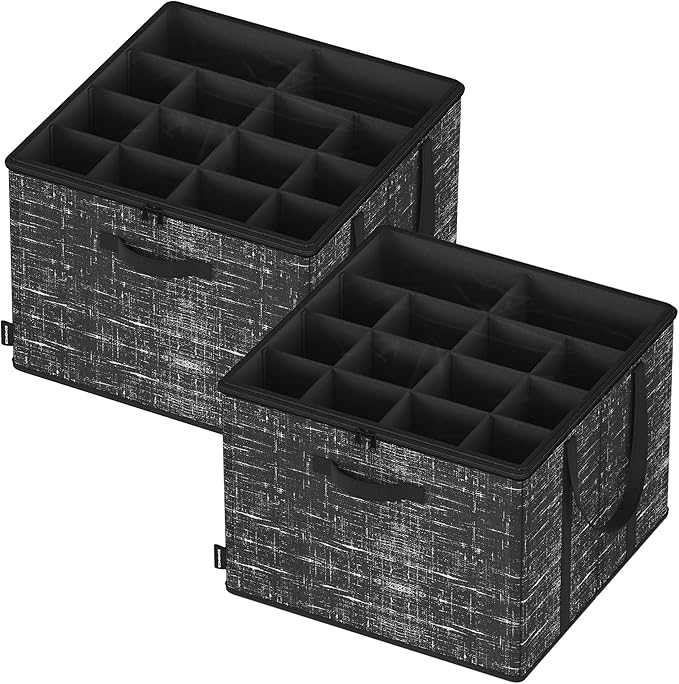 SONGMICS Set of 2 Shoe Organizers for Closet, Fits 16 Pairs Each, Shoe Storage Bins, Fabric Containers with Handles and Clear Cover, for Bedroom, Entryway, Closet, Ink Black ULSP602B01