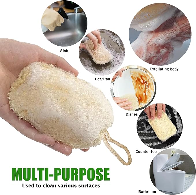 Natural Loofah Kitchen Sponge (3 Pcs) No Scratch Scrubber for Dishwashing, 100% Plant Fibers Vegetable Scrubber, Zero Waste and Eco Friendly Loofa, Square, Large Size