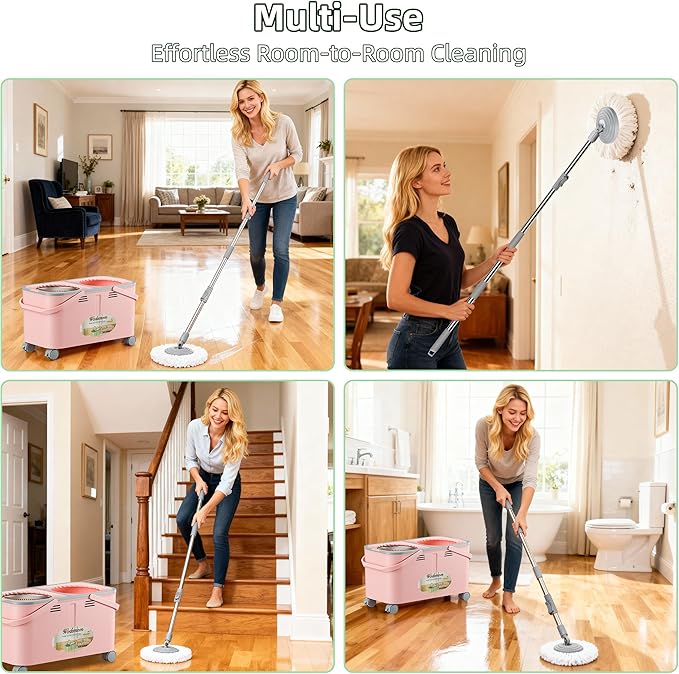 2026 Upgraded Gen 2 Spin Mop and Bucket Set with 4 Swivel Wheels for Easy Rolling, Separates Clean & Dirty Water, Floor Mop with 6 Washable Mop Heads for Wood, Tile, Vinyl, Baseboards - Pink