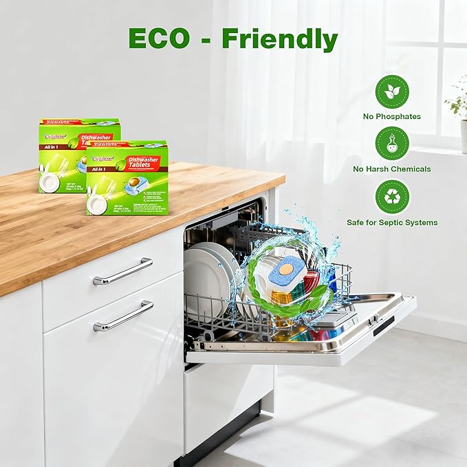 All-in-One Dishwasher Pods - Cleaner Tables No Pre-rinse Cuts Through Tough Grease & Stuck on Food, All Natural Eco-friendly Formula Non-toxic Dishwasher Detergent Gentle Yet Powerful Clean 30 Tabs